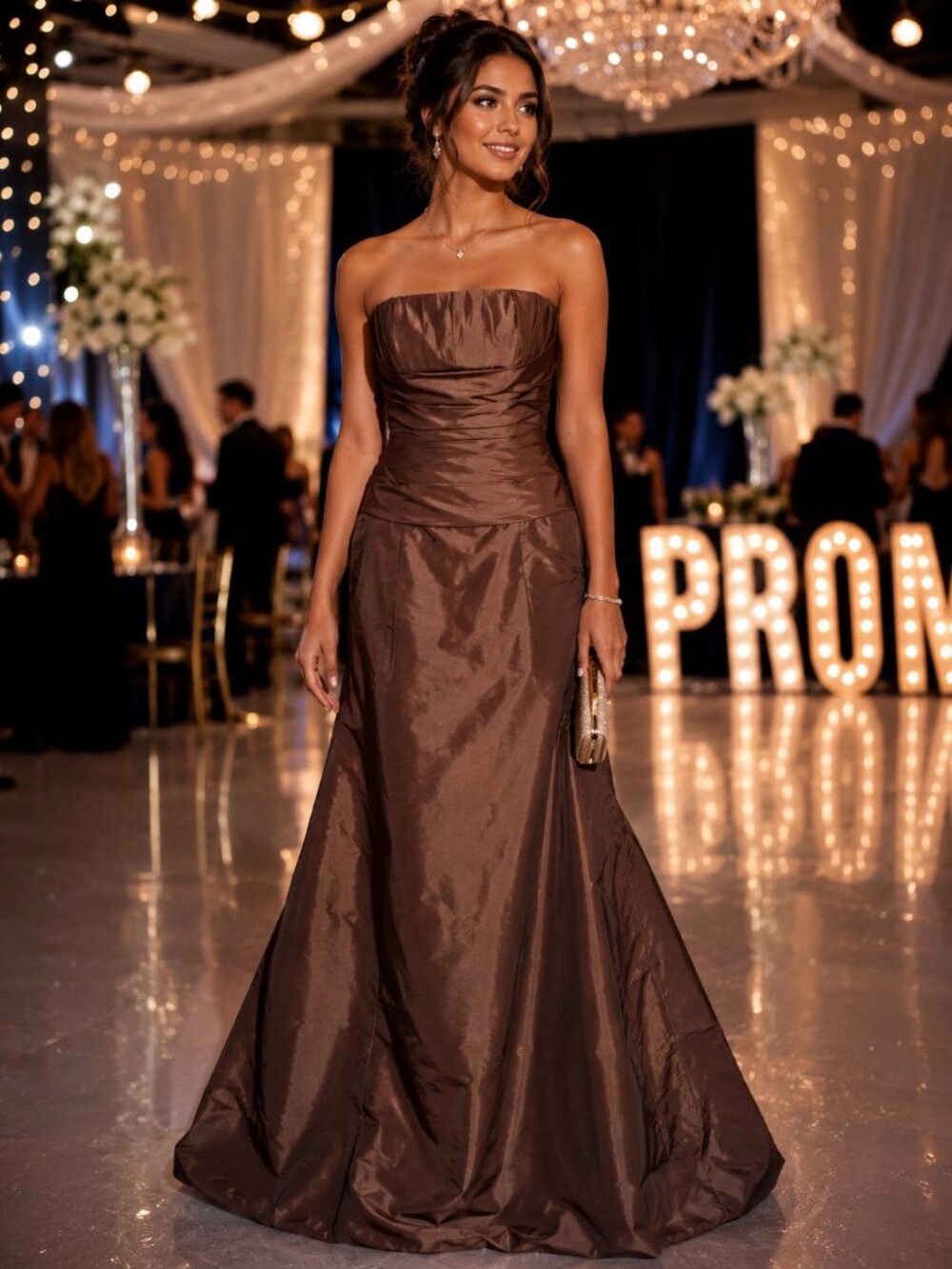 Bari Jay Chocolate Brown Strapless Satin Evening Gown | Size 8